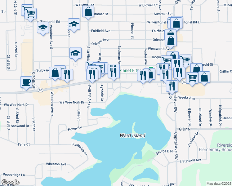 map of restaurants, bars, coffee shops, grocery stores, and more near 115 Wa Wee Nork Drive in Battle Creek