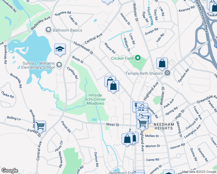 map of restaurants, bars, coffee shops, grocery stores, and more near 135 Crescent Road in Needham