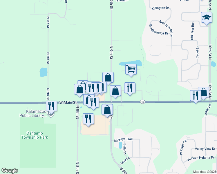 map of restaurants, bars, coffee shops, grocery stores, and more near 987 North 9th Street in Kalamazoo