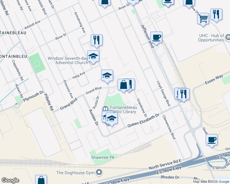 map of restaurants, bars, coffee shops, grocery stores, and more near 2922 Rivard Avenue in Windsor