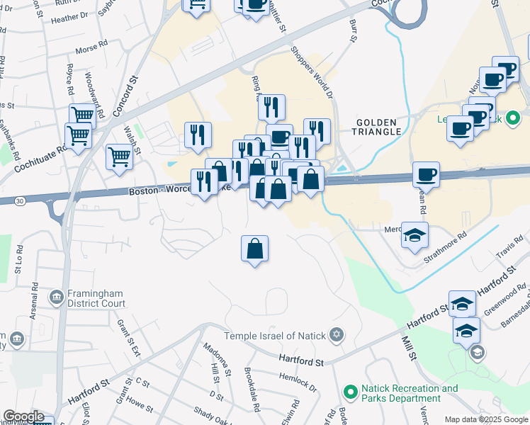 map of restaurants, bars, coffee shops, grocery stores, and more near 90 Worcester Road in Framingham
