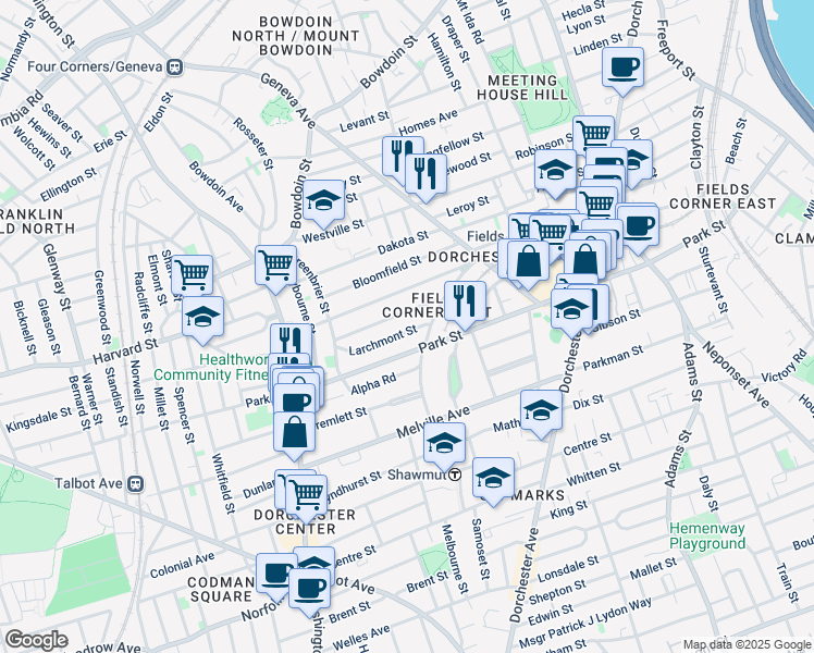 map of restaurants, bars, coffee shops, grocery stores, and more near in Boston