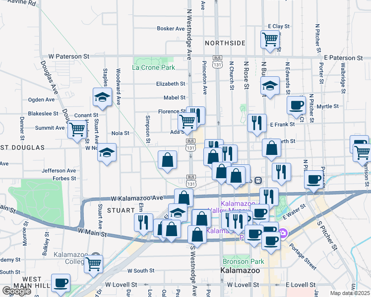 map of restaurants, bars, coffee shops, grocery stores, and more near 527 West North Street in Kalamazoo