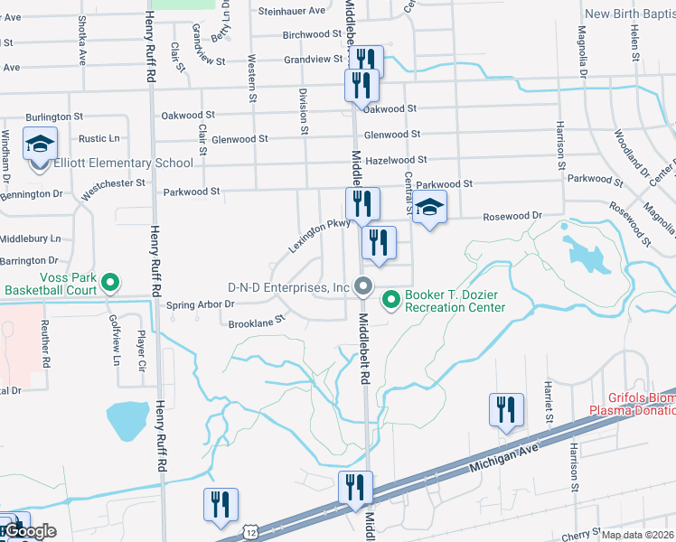 map of restaurants, bars, coffee shops, grocery stores, and more near 1762 Meadow Lane in Inkster