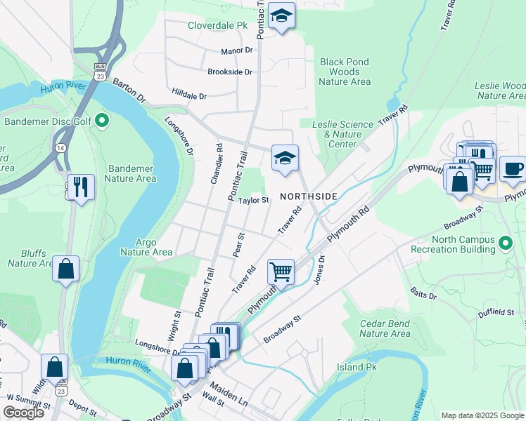 map of restaurants, bars, coffee shops, grocery stores, and more near 1606 Peach Street in Ann Arbor