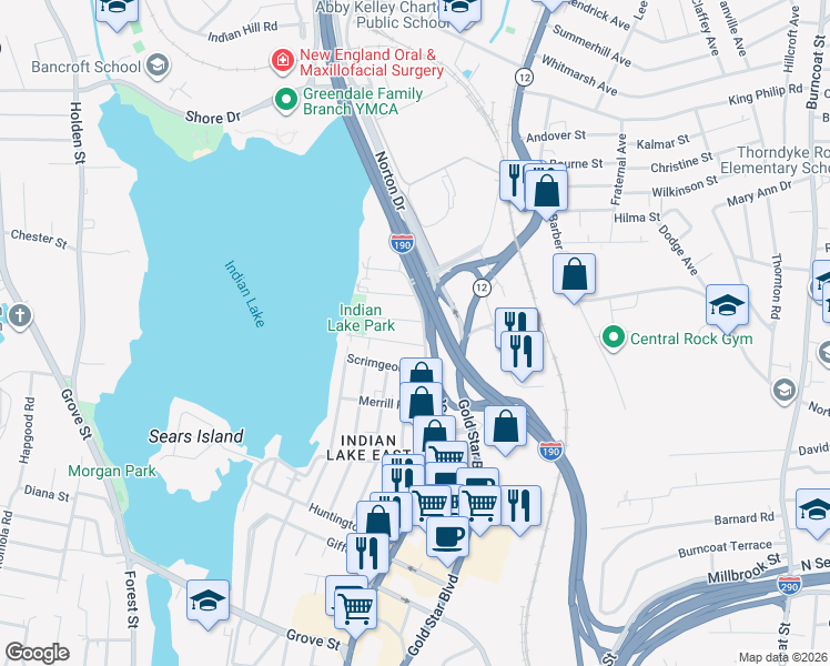 map of restaurants, bars, coffee shops, grocery stores, and more near 7 Sherburne Avenue in Worcester