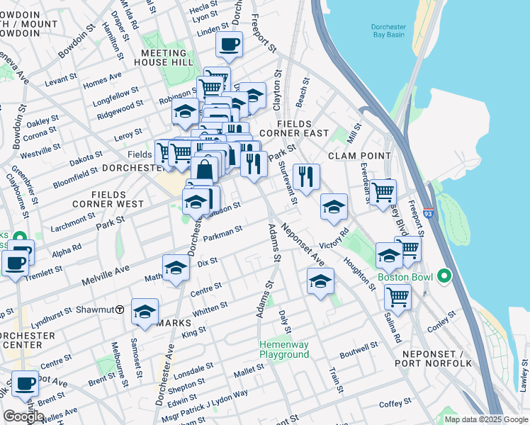 map of restaurants, bars, coffee shops, grocery stores, and more near 3 Neponset Avenue in Boston