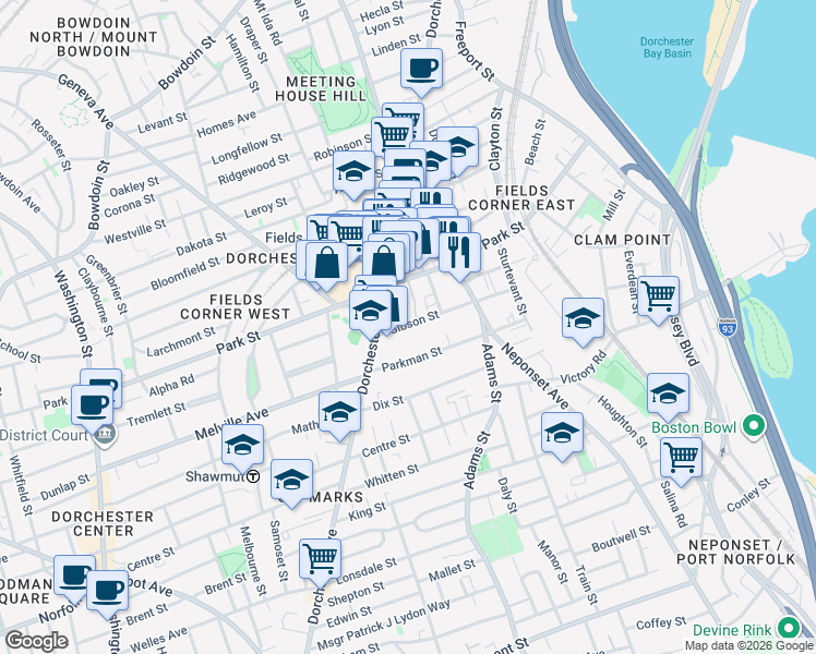 map of restaurants, bars, coffee shops, grocery stores, and more near 24 Parkman Street in Boston