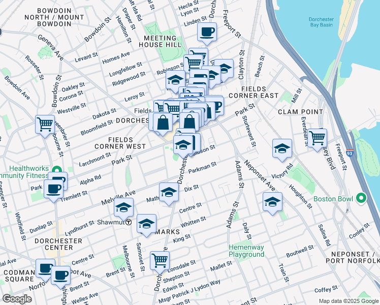 map of restaurants, bars, coffee shops, grocery stores, and more near in Boston