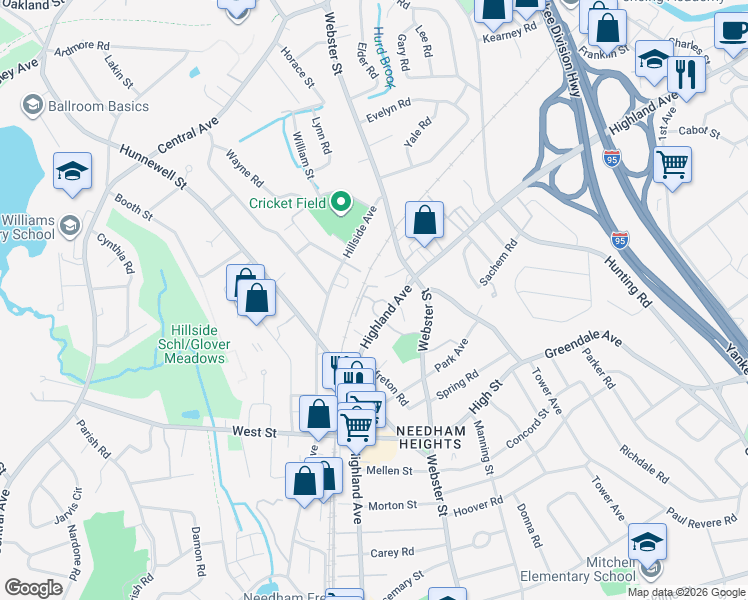 map of restaurants, bars, coffee shops, grocery stores, and more near 757 Highland Avenue in Needham