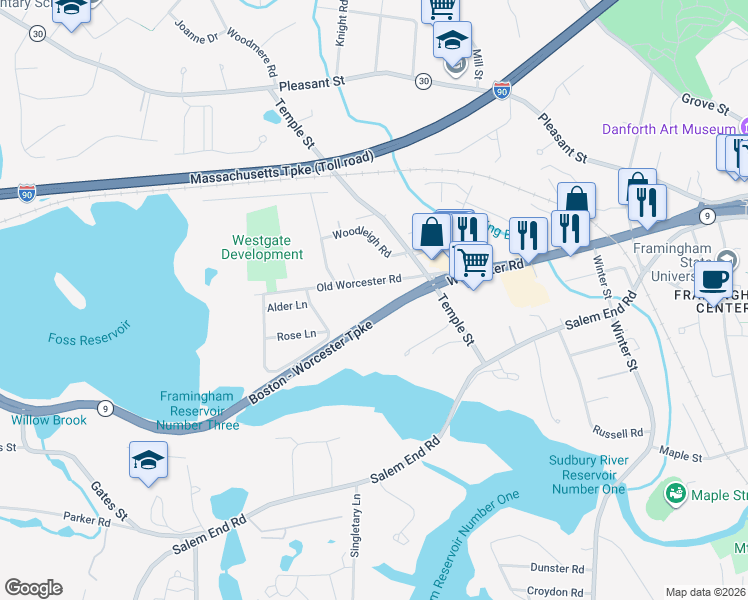 map of restaurants, bars, coffee shops, grocery stores, and more near 1323 Worcester Road in Framingham