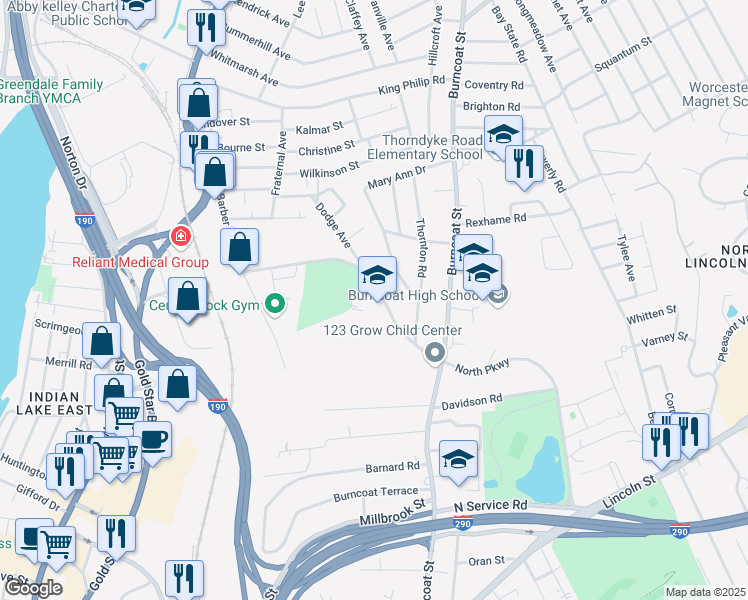map of restaurants, bars, coffee shops, grocery stores, and more near 41 Randolph Road in Worcester