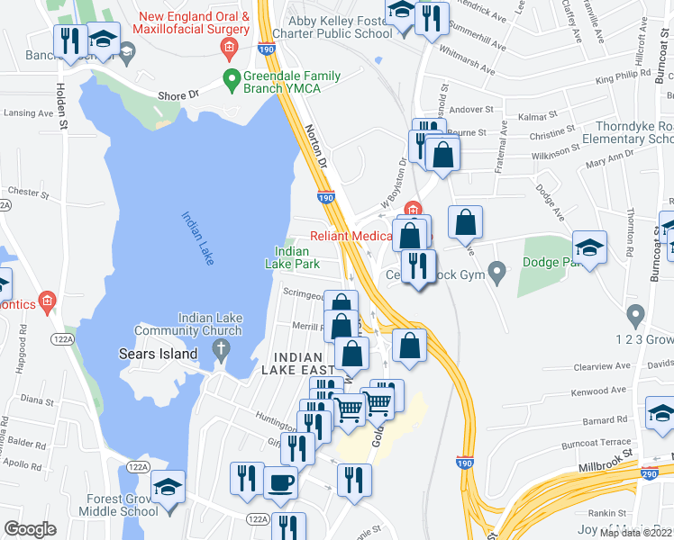 map of restaurants, bars, coffee shops, grocery stores, and more near 7 Sherburne Avenue in Worcester