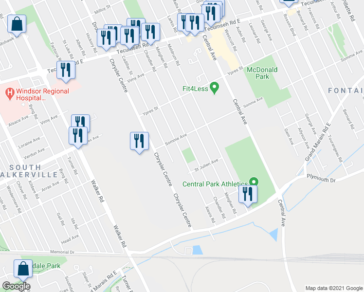map of restaurants, bars, coffee shops, grocery stores, and more near 2556 Chandler Road in Windsor