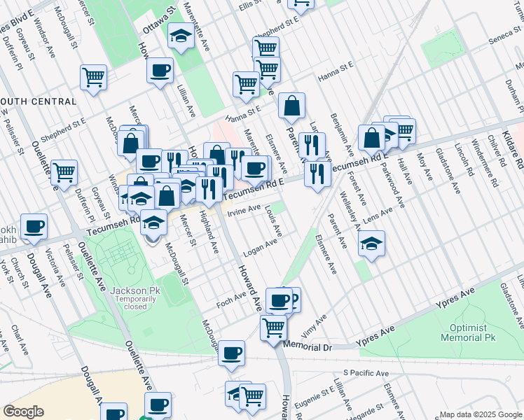 map of restaurants, bars, coffee shops, grocery stores, and more near 2226 Lillian Avenue in Windsor