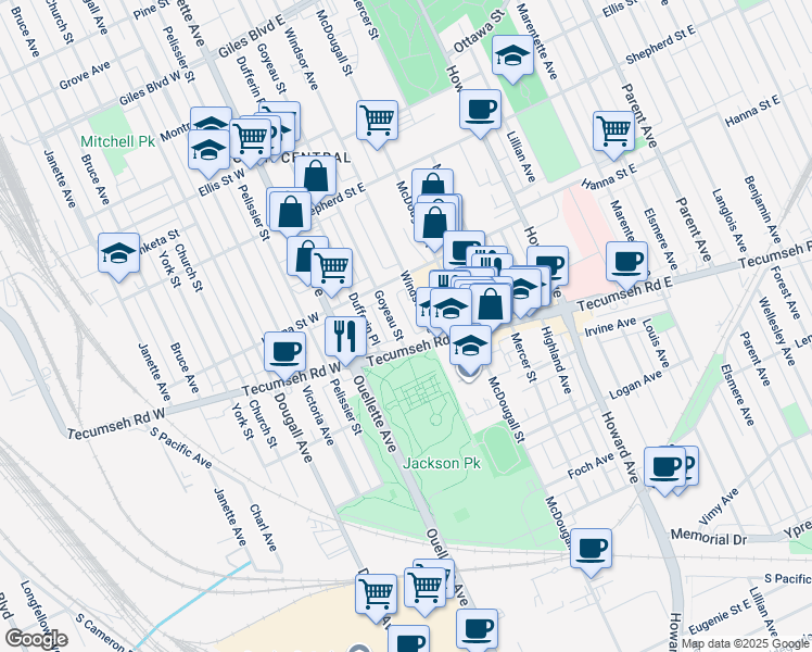 map of restaurants, bars, coffee shops, grocery stores, and more near in Windsor