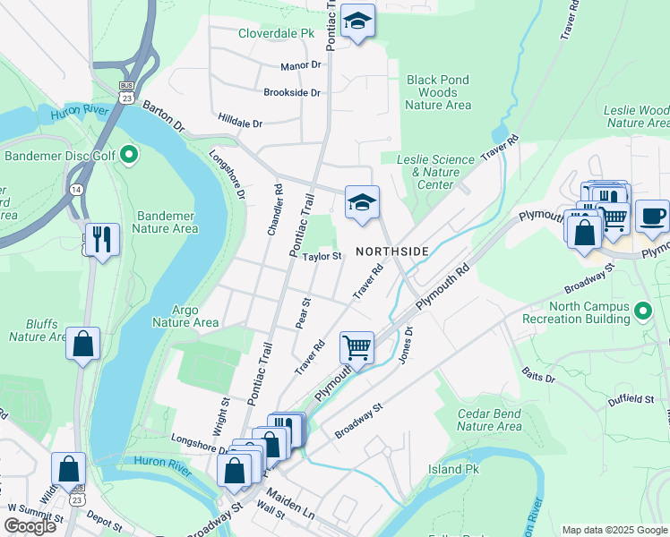 map of restaurants, bars, coffee shops, grocery stores, and more near 1606 Peach Street in Ann Arbor