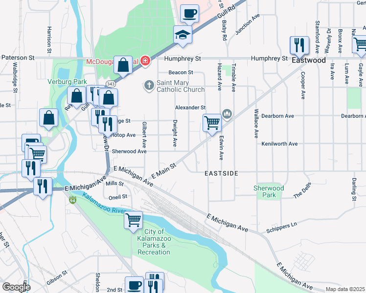 map of restaurants, bars, coffee shops, grocery stores, and more near 1422 East Main Street in Kalamazoo