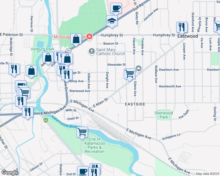 map of restaurants, bars, coffee shops, grocery stores, and more near 1362 Sherwood Avenue in Kalamazoo