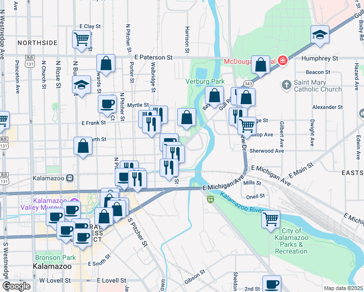 map of restaurants, bars, coffee shops, grocery stores, and more near 600 Caves Court in Kalamazoo