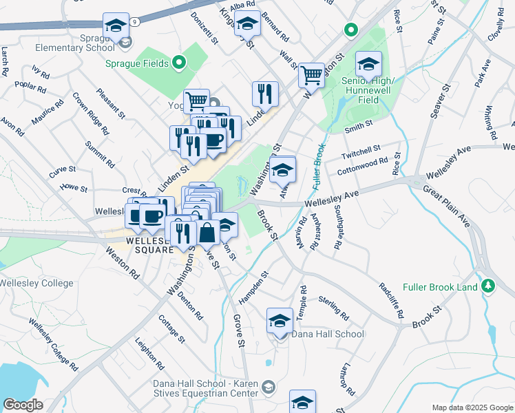 map of restaurants, bars, coffee shops, grocery stores, and more near 4 Brook Street in Wellesley