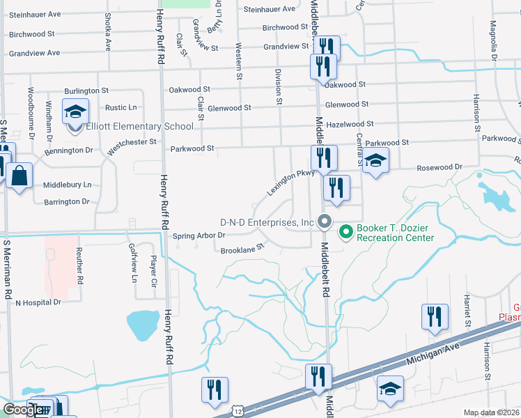 map of restaurants, bars, coffee shops, grocery stores, and more near 1783 Lexington Parkway in Inkster