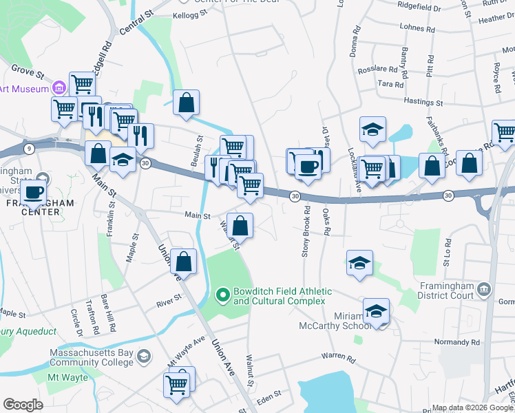 map of restaurants, bars, coffee shops, grocery stores, and more near 83 Main Street in Framingham