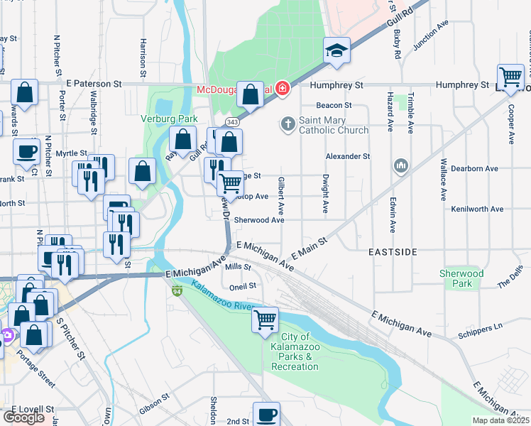 map of restaurants, bars, coffee shops, grocery stores, and more near 1120 Sherwood Avenue in Kalamazoo
