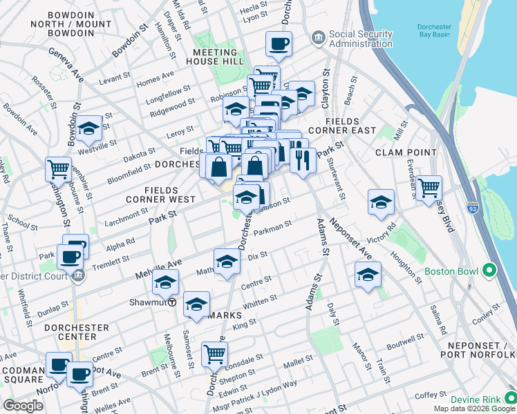 map of restaurants, bars, coffee shops, grocery stores, and more near 10 Gibson Street in Boston
