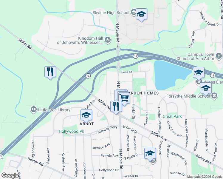 map of restaurants, bars, coffee shops, grocery stores, and more near 6 Maple Village Court in Ann Arbor