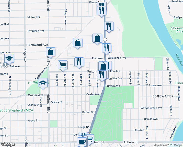 map of restaurants, bars, coffee shops, grocery stores, and more near 2321 Fremont Street in Rockford