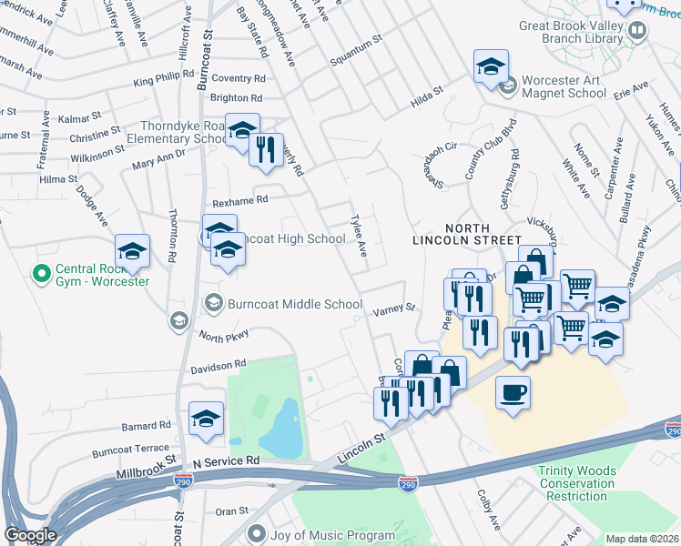 map of restaurants, bars, coffee shops, grocery stores, and more near 157-1/2 Beverly Road in Worcester