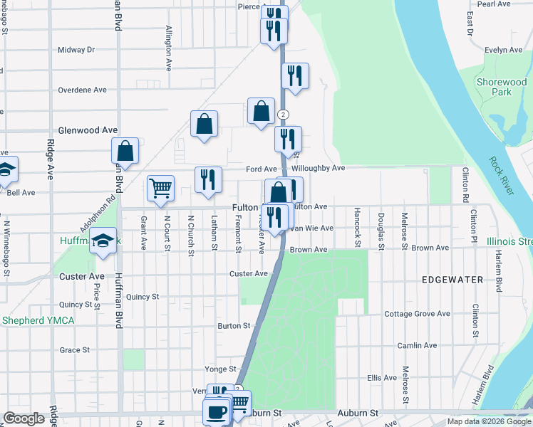 map of restaurants, bars, coffee shops, grocery stores, and more near 1107 Van Wie Avenue in Rockford