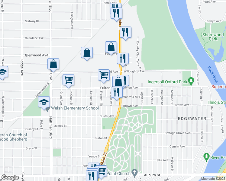 map of restaurants, bars, coffee shops, grocery stores, and more near 2319 Hecker Avenue in Rockford