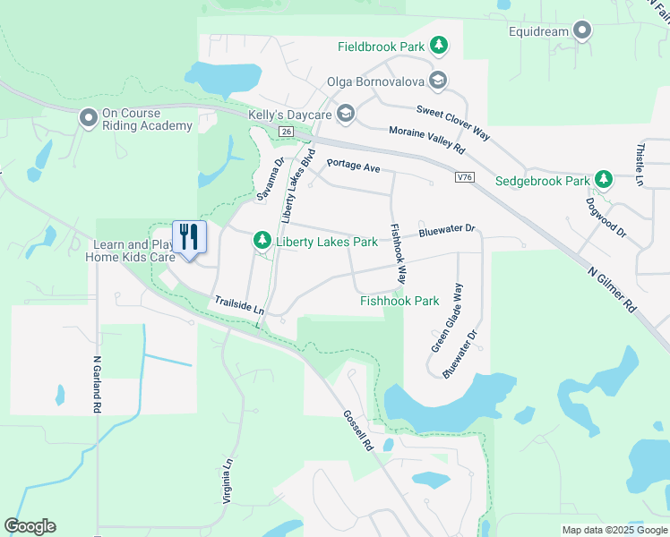 map of restaurants, bars, coffee shops, grocery stores, and more near 2354 Trailside Lane in Wauconda