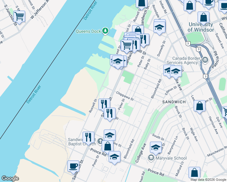 map of restaurants, bars, coffee shops, grocery stores, and more near Sandwich Street & Chippawa Street in Windsor