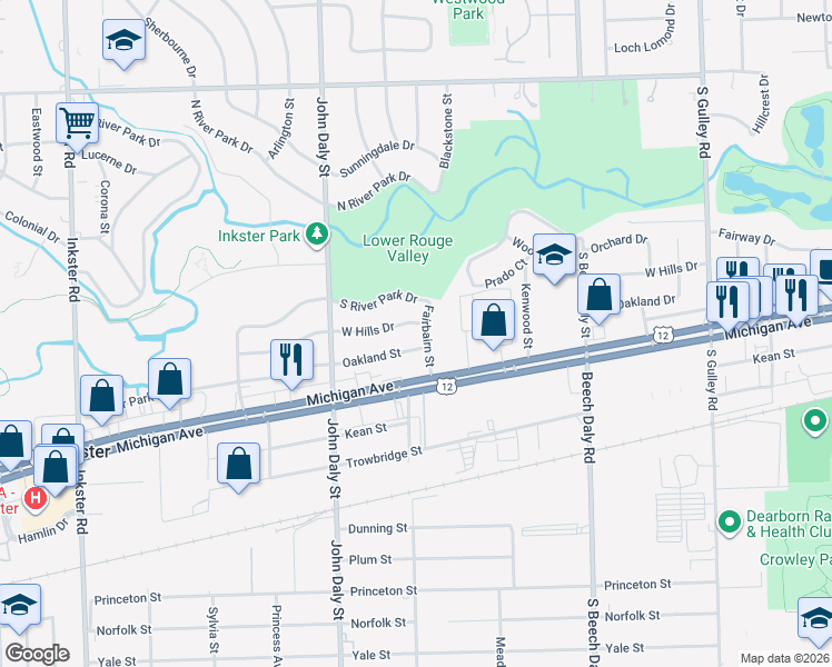 map of restaurants, bars, coffee shops, grocery stores, and more near 26281 West Hills Drive in Inkster