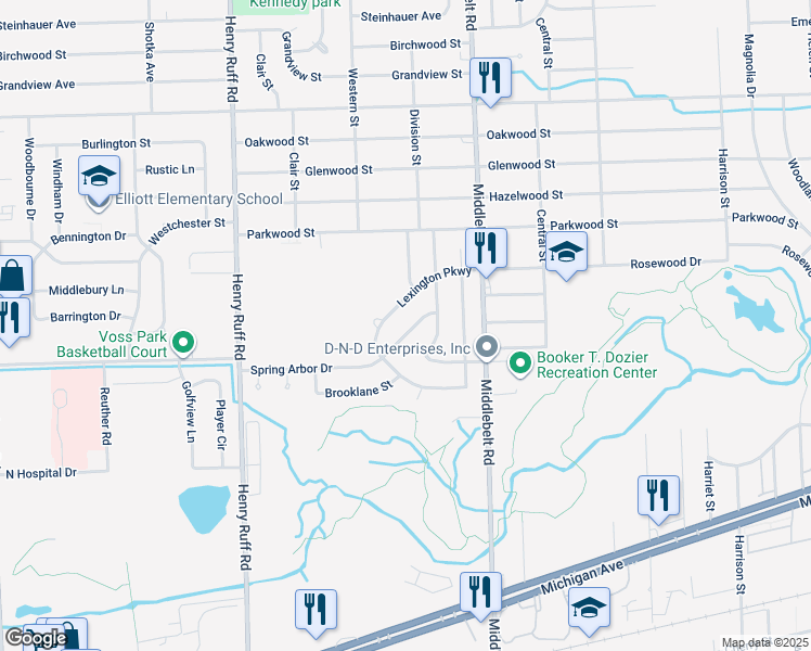 map of restaurants, bars, coffee shops, grocery stores, and more near 29684 Spring Arbor Drive in Inkster