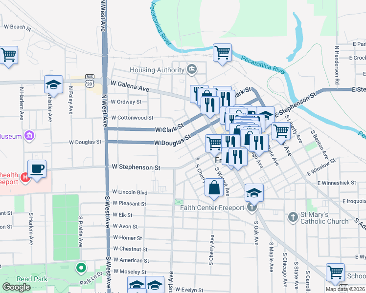 map of restaurants, bars, coffee shops, grocery stores, and more near 114 North Cherry Avenue in Freeport