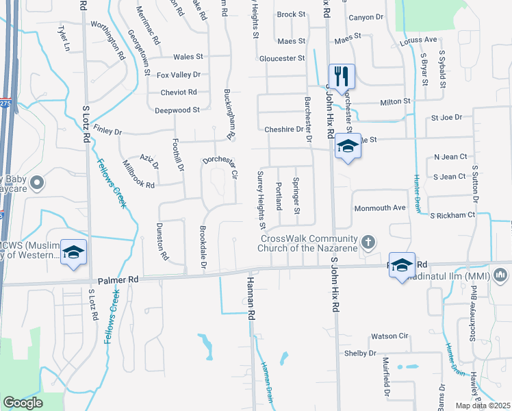 map of restaurants, bars, coffee shops, grocery stores, and more near 1488 Surrey Heights Street in Westland