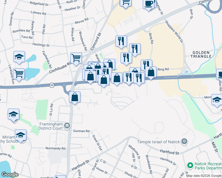 map of restaurants, bars, coffee shops, grocery stores, and more near 33 Dinsmore Avenue in Framingham