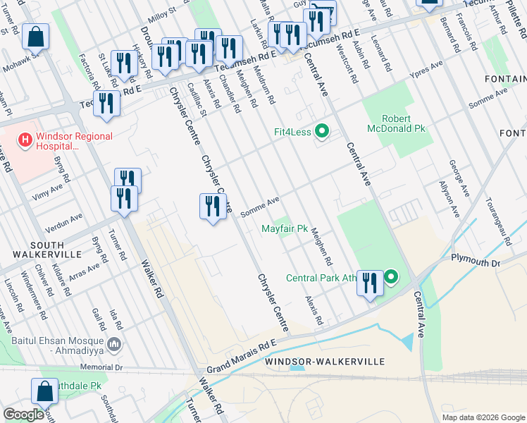 map of restaurants, bars, coffee shops, grocery stores, and more near 2528 Cadillac Street in Windsor