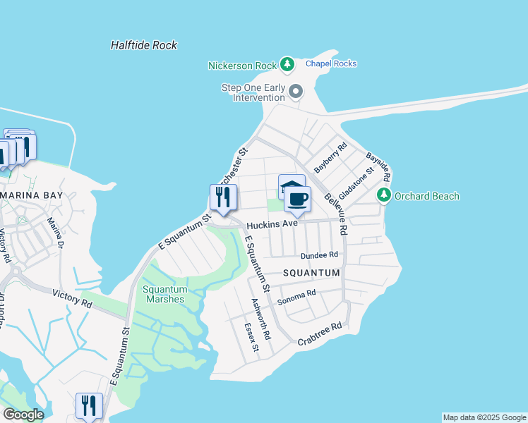 map of restaurants, bars, coffee shops, grocery stores, and more near 37 Huckins Avenue in Quincy
