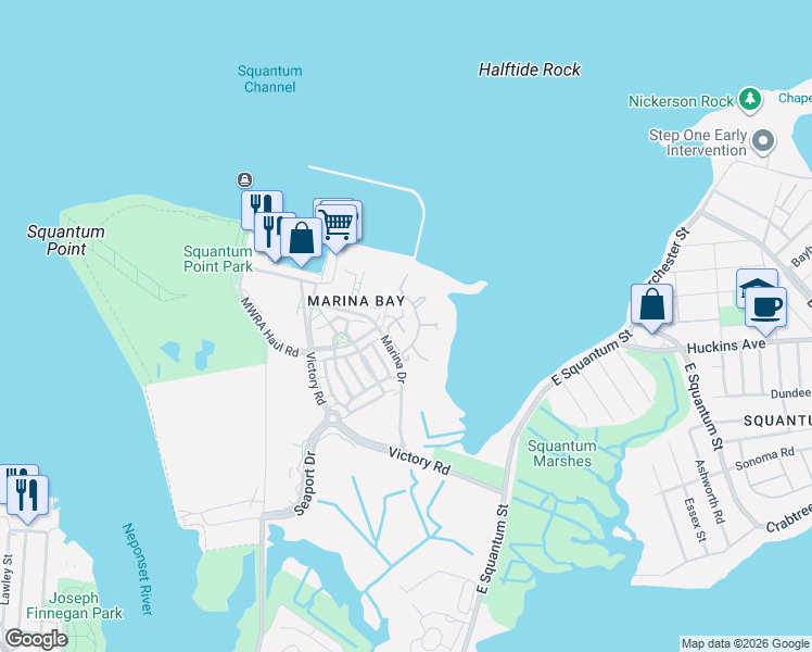 map of restaurants, bars, coffee shops, grocery stores, and more near 25 Harbourside Road in Quincy