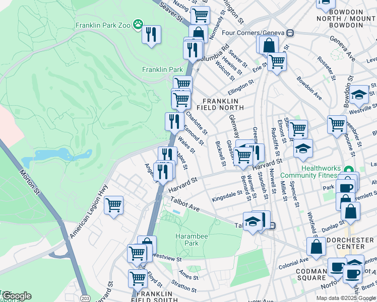 map of restaurants, bars, coffee shops, grocery stores, and more near 31 Wales Street in Boston