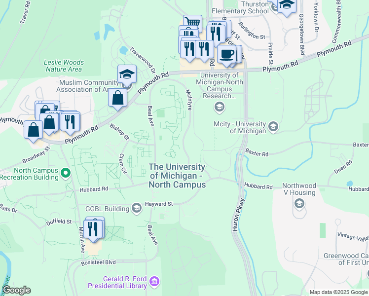 map of restaurants, bars, coffee shops, grocery stores, and more near 1000 McIntyre Dr in Ann Arbor