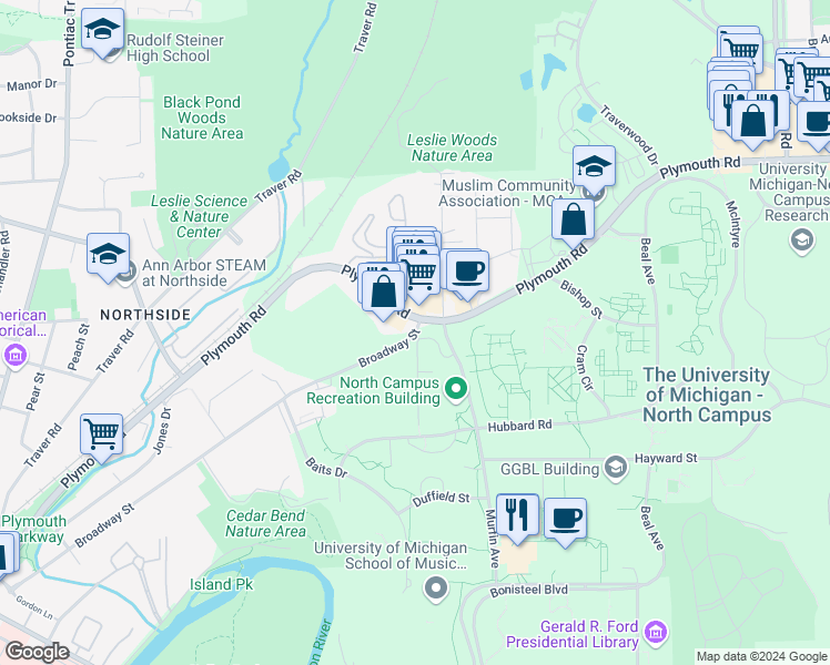 map of restaurants, bars, coffee shops, grocery stores, and more near 1756 Broadway Street in Ann Arbor