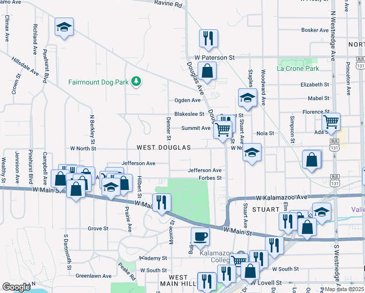 map of restaurants, bars, coffee shops, grocery stores, and more near 1326 Jefferson Court in Kalamazoo
