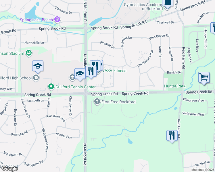 map of restaurants, bars, coffee shops, grocery stores, and more near 6111 Boxwood Drive in Rockford