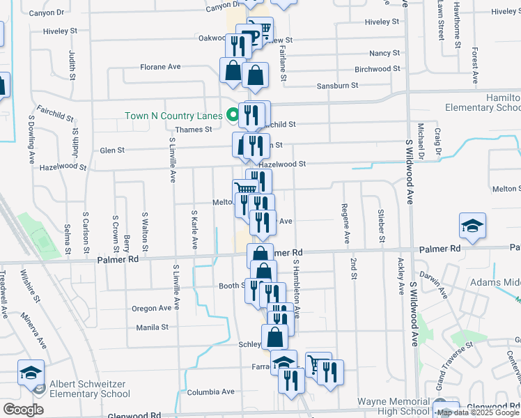 map of restaurants, bars, coffee shops, grocery stores, and more near 35259-35399 Cady Street in Westland